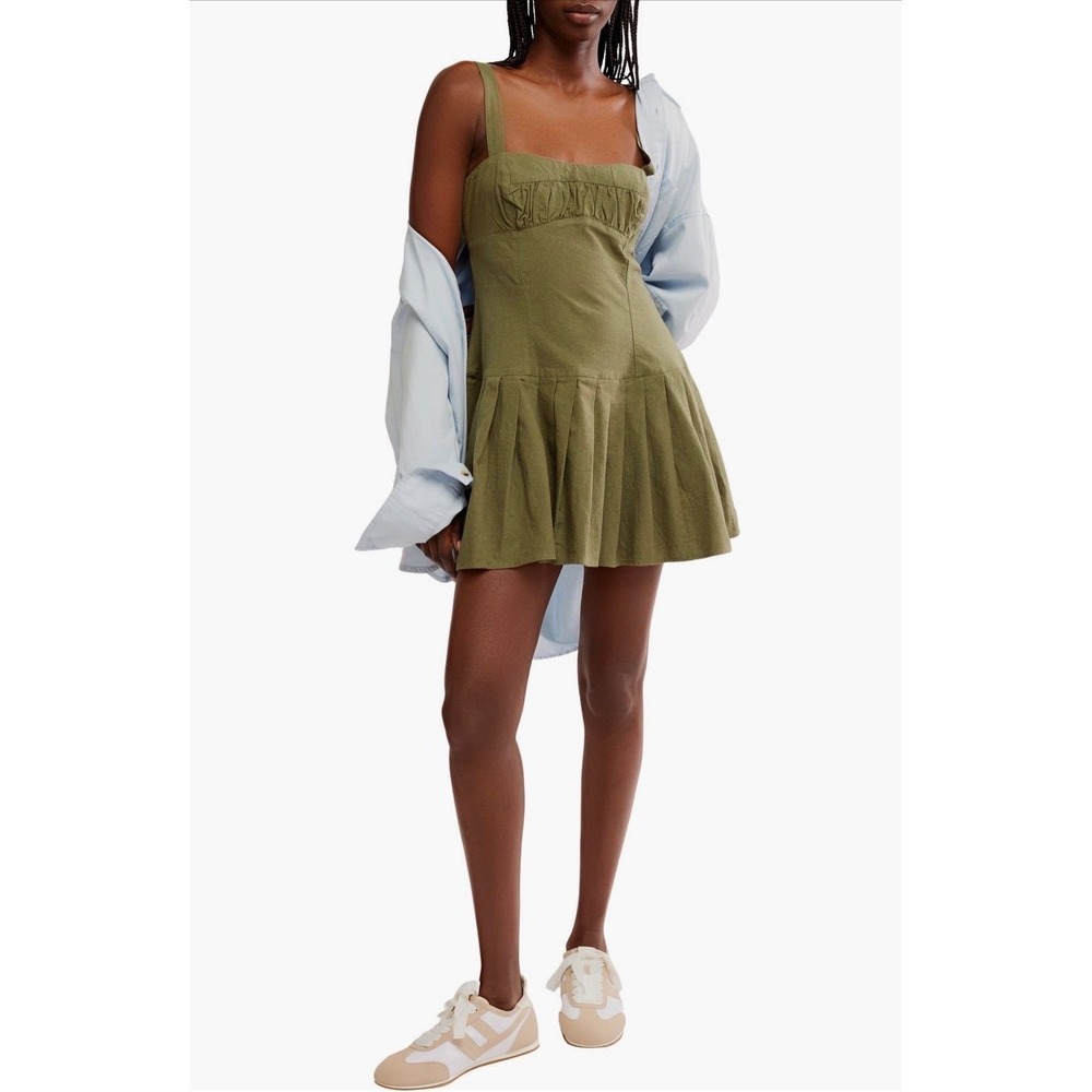 Free People Azasia Minidress large green babydoll ruched drop waist new nwt